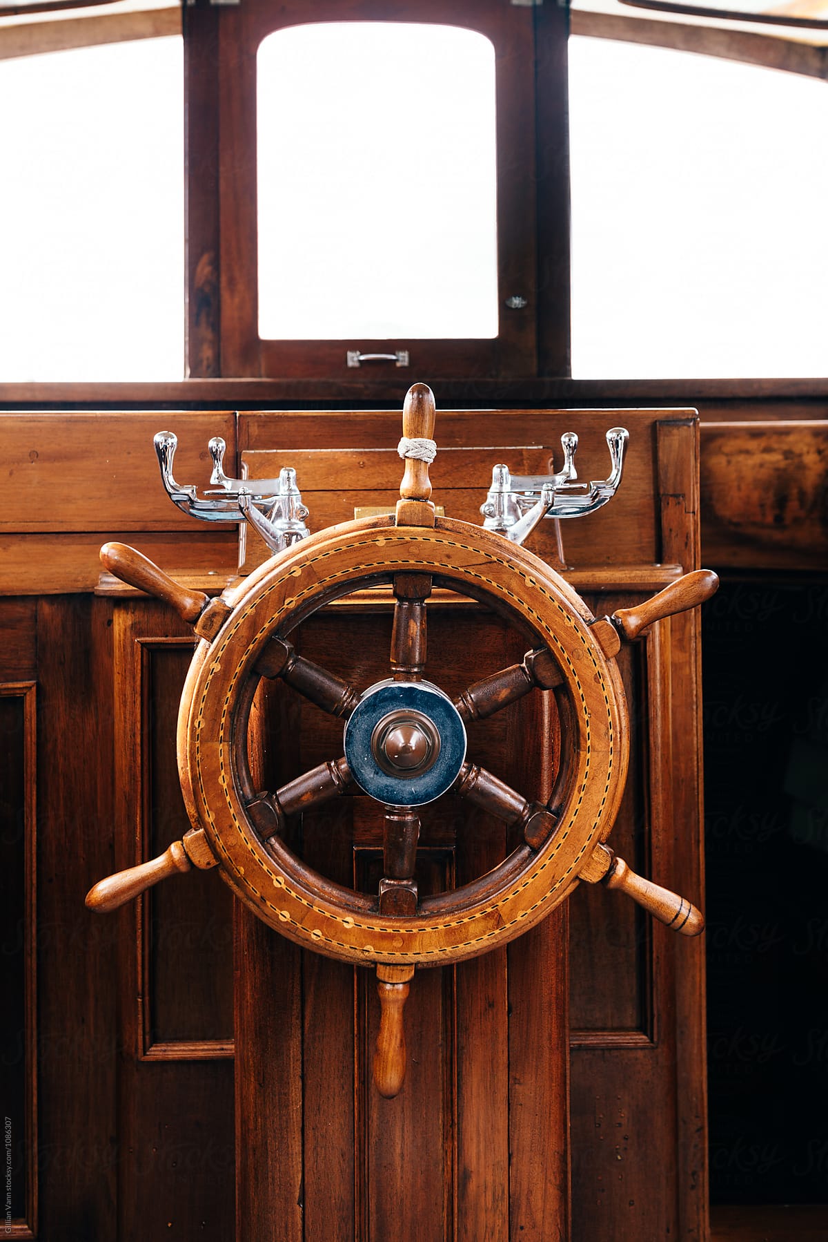 wooden helm on a boat