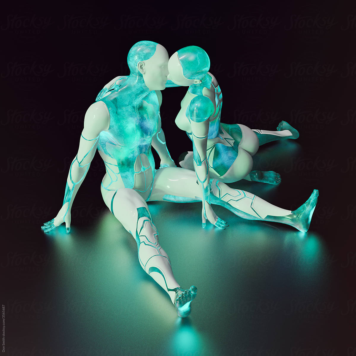 Togetherness: male and female glowing cyborgs