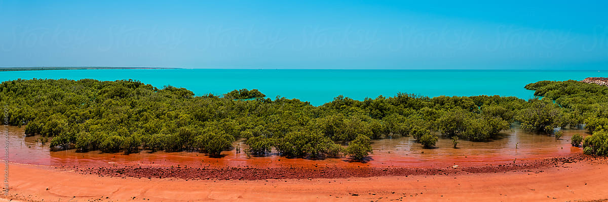 Red earth turquoise beach and tropical mangroves