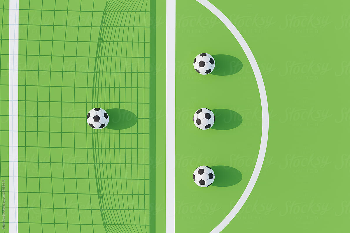 3D render of soccer concept. Symmetrical soccer balls on field.