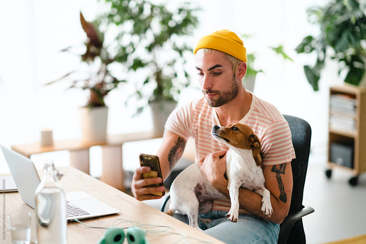 Freelancer with dog using cellphone