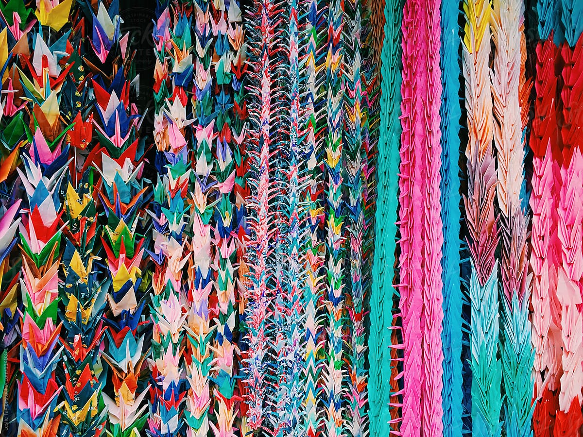 Rows of Paper Cranes Of Various Sizes