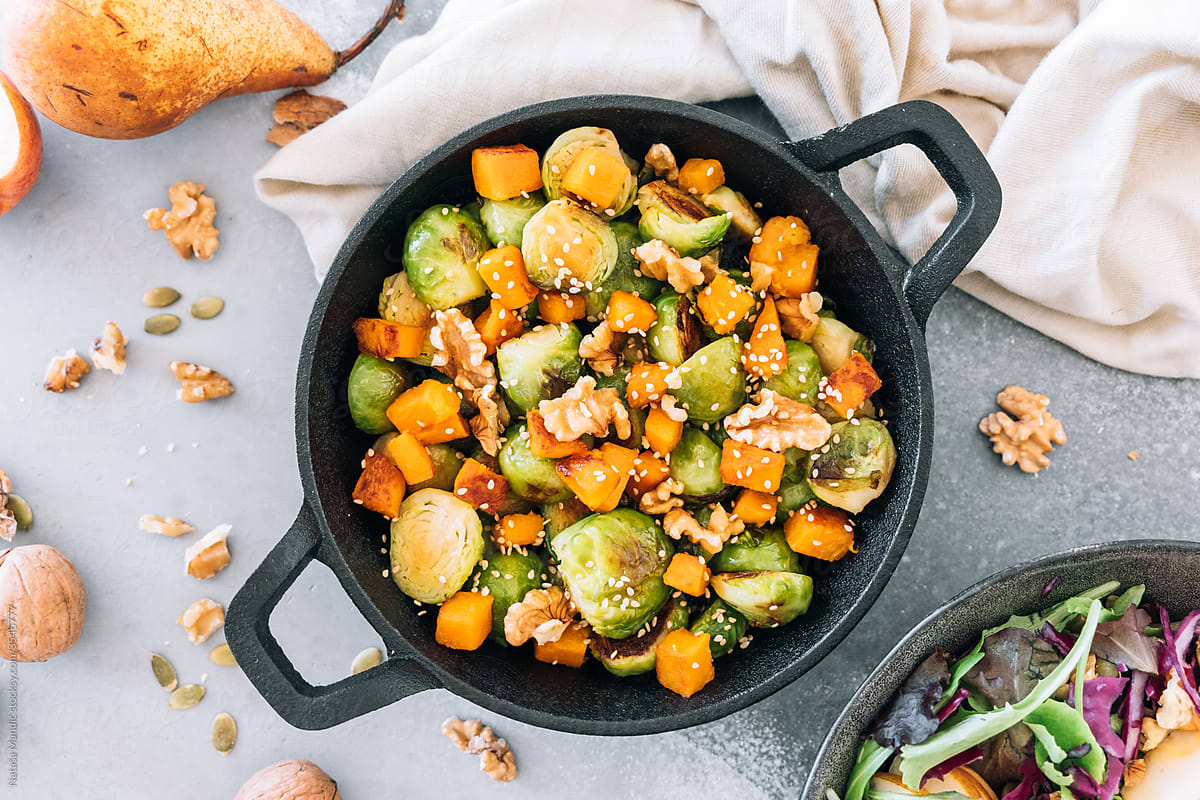 Brussels sprouts with pumpkin, walnuts and sesame seeds