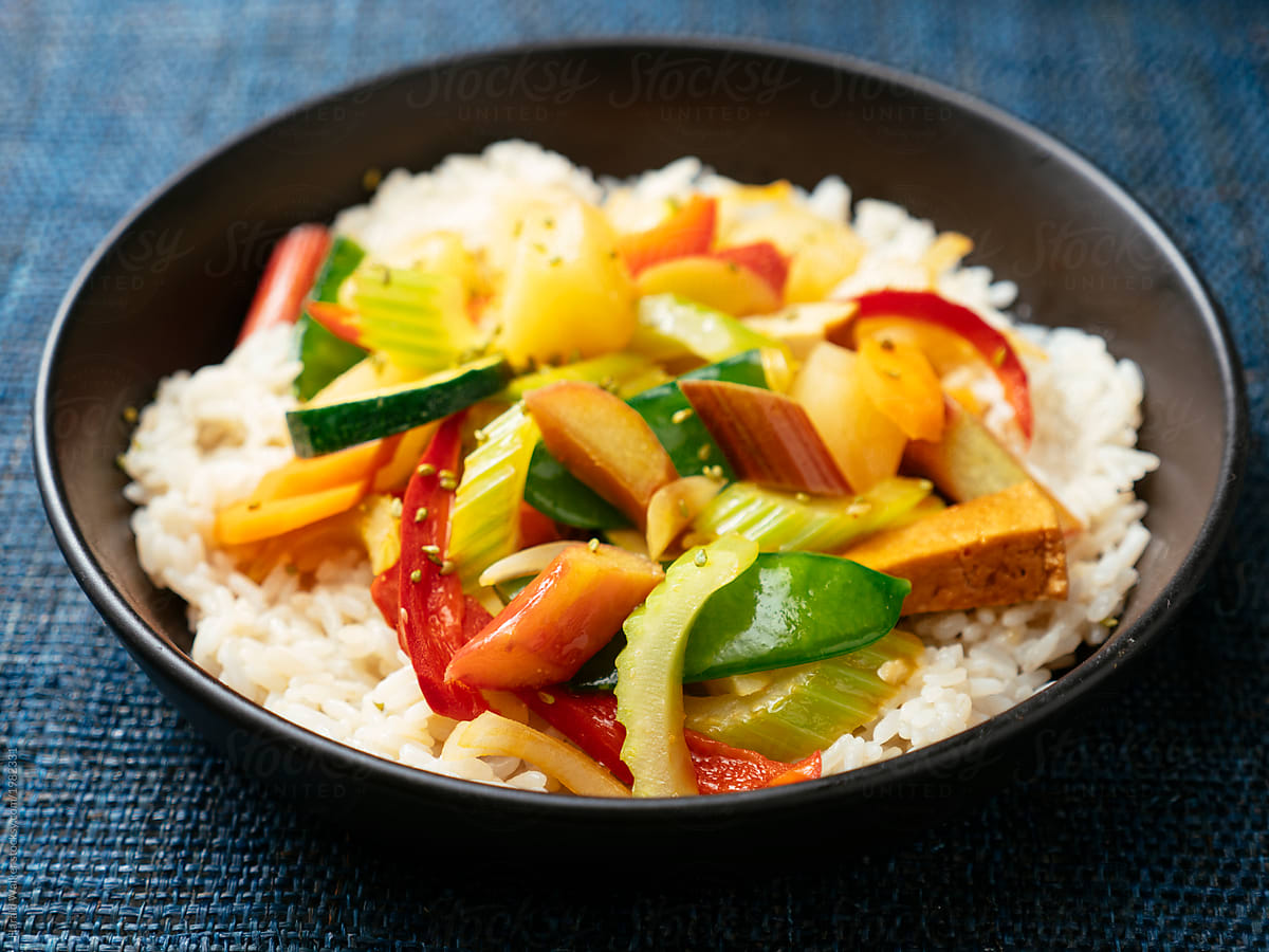 Sweet Sour Vegetables with Rhubarb, Pineapple and Tofu