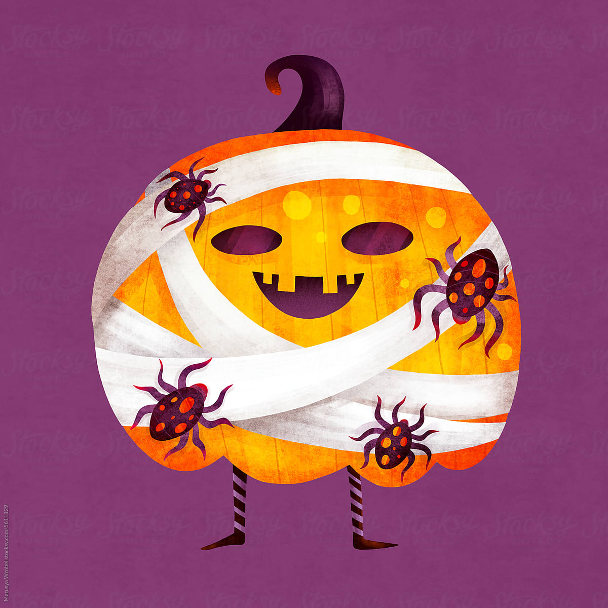 Halloween pumpkin character dressed as a mummy and with spiders