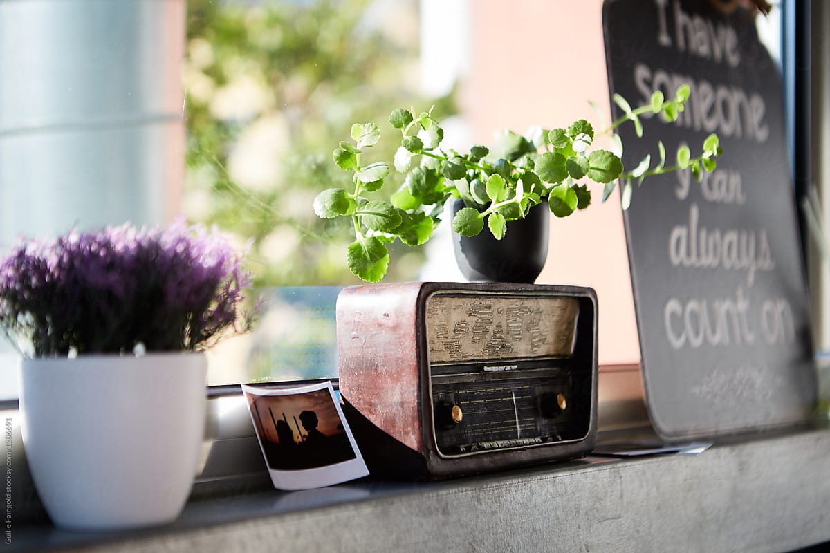 Windowsill with old radio, plants and polaroid shot. by Guille Faingold -  Stocksy United