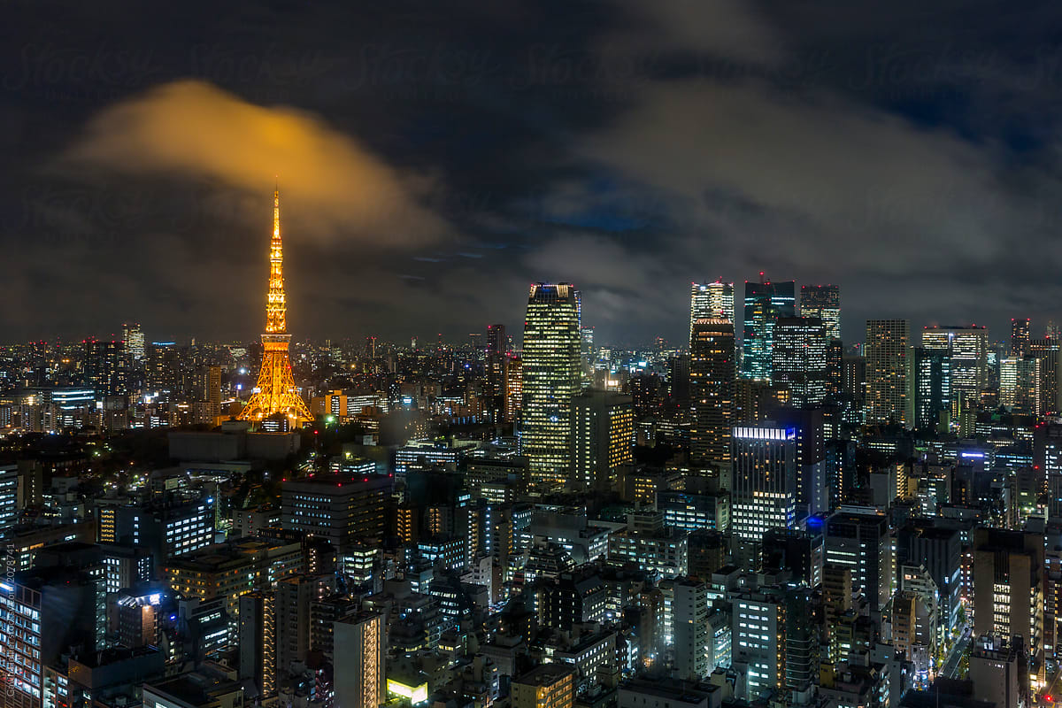 Japan Tokyo Night View Of The City Skyline And Tokyo Tower By Gavin Hellier