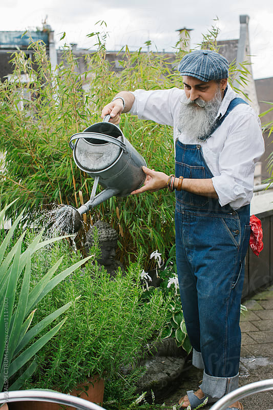 Outdoor Portrait of Cool Older Male Hipster Watering Plants on R