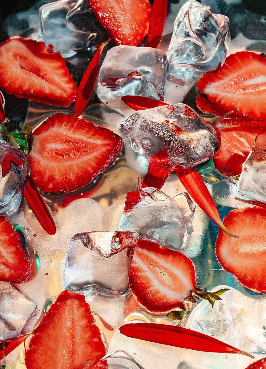 Art still life with strawberries and ice.