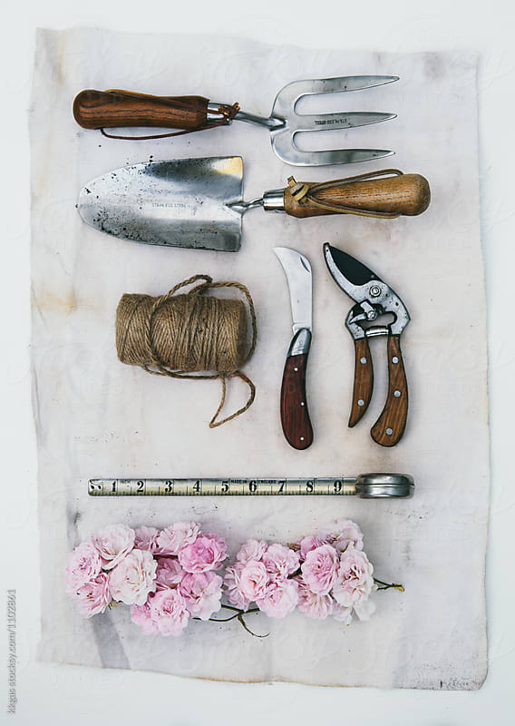 Gardening tools with roses and tape measure on a canvas background