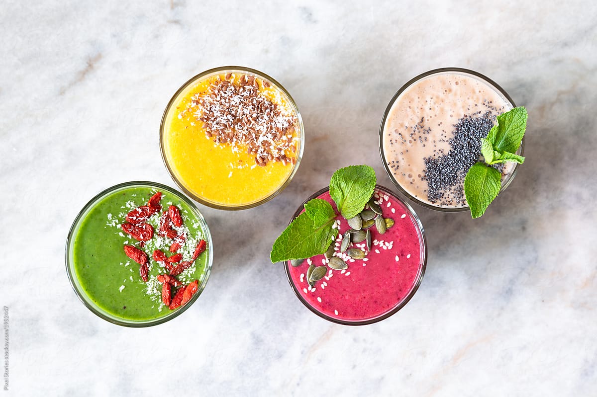 Different colors of healthy smoothies