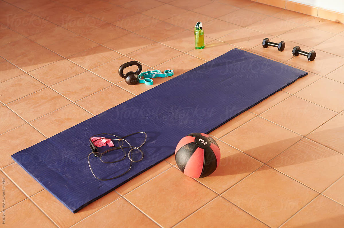 Workout equipment on an exercise mat