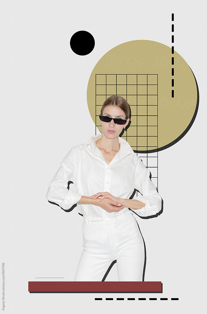 Digital collage with young  woman dressed in white