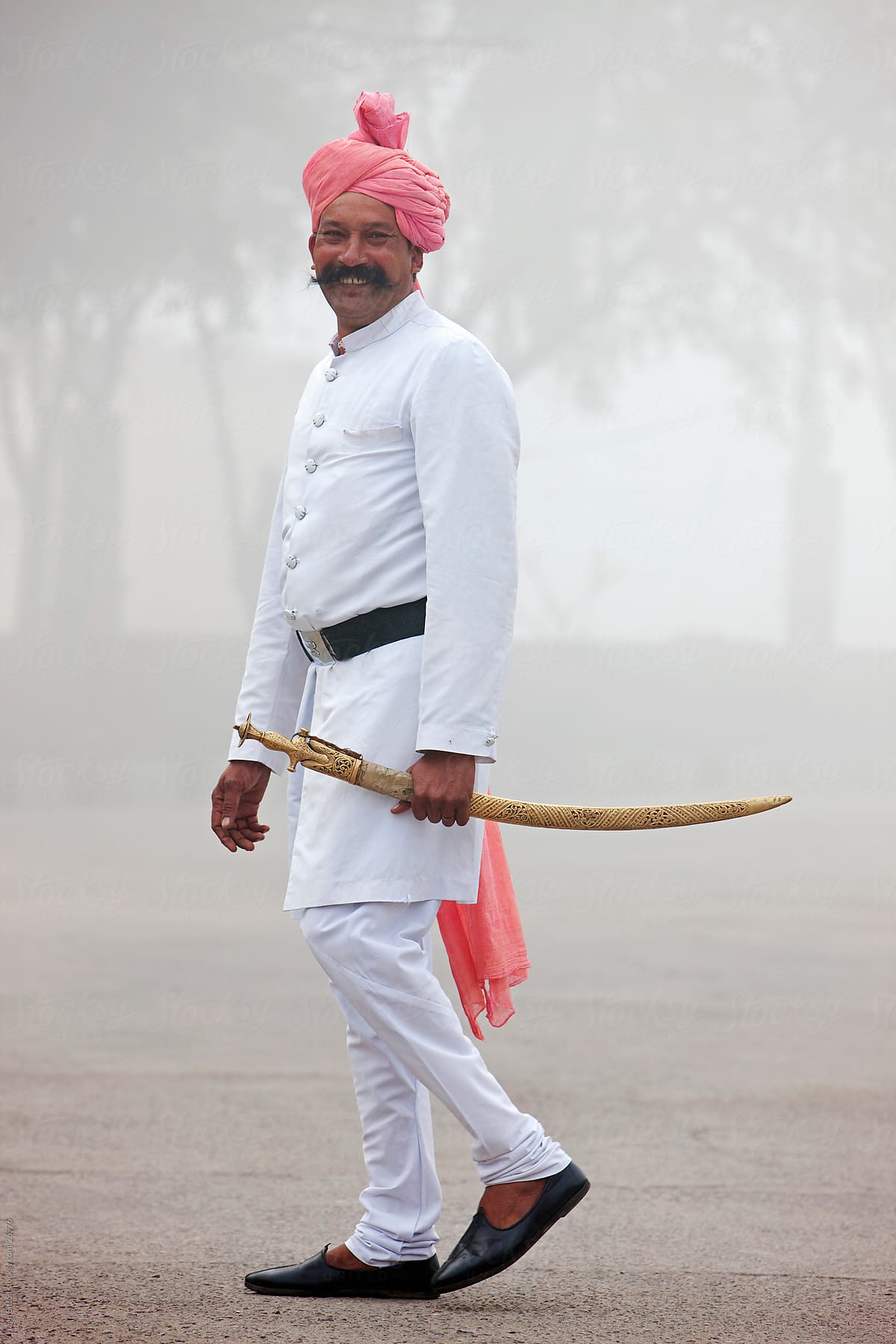 Palace Guard in the early morning mist. Rajasthan.