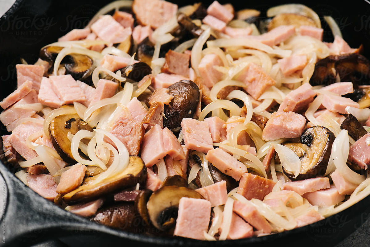 Sauteed ham, mushrooms, and onions