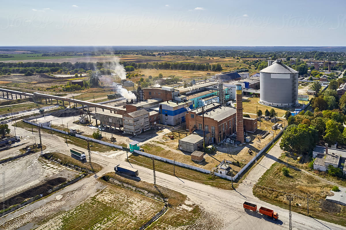 Panoramic aerial view at sugar factory exterior