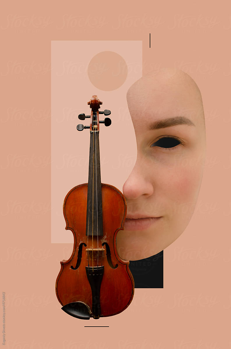 Collage with old violin and half of a young woman\'s face