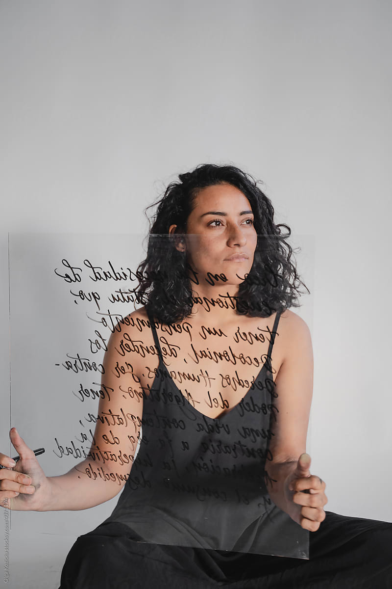 Portrait of Woman With Piece Of Glass With Handwriting