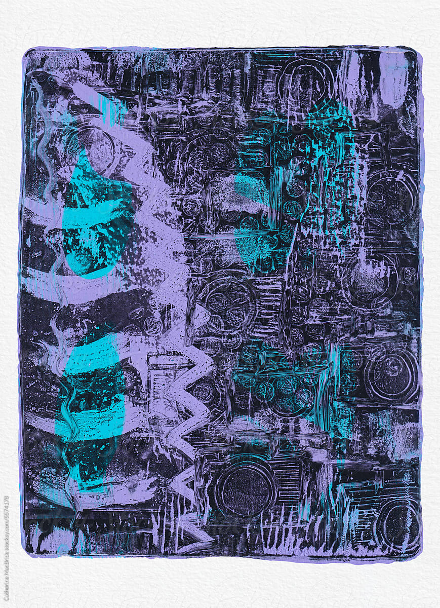 Printed acrylic abstract in lilac and turquoise