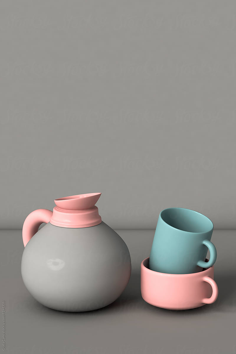 frontal view of 3D jugs and mugs with copy space.