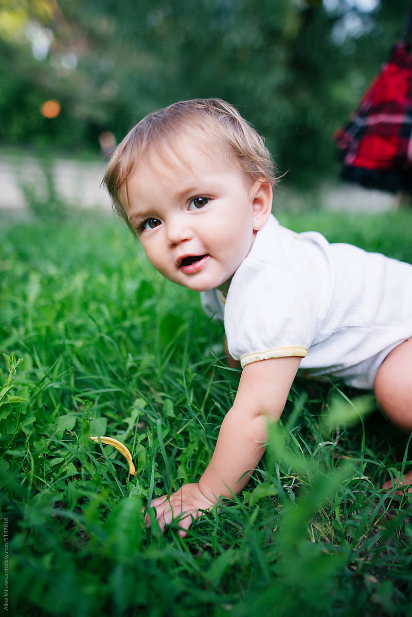 Cute blond boy toddler sitting on grass