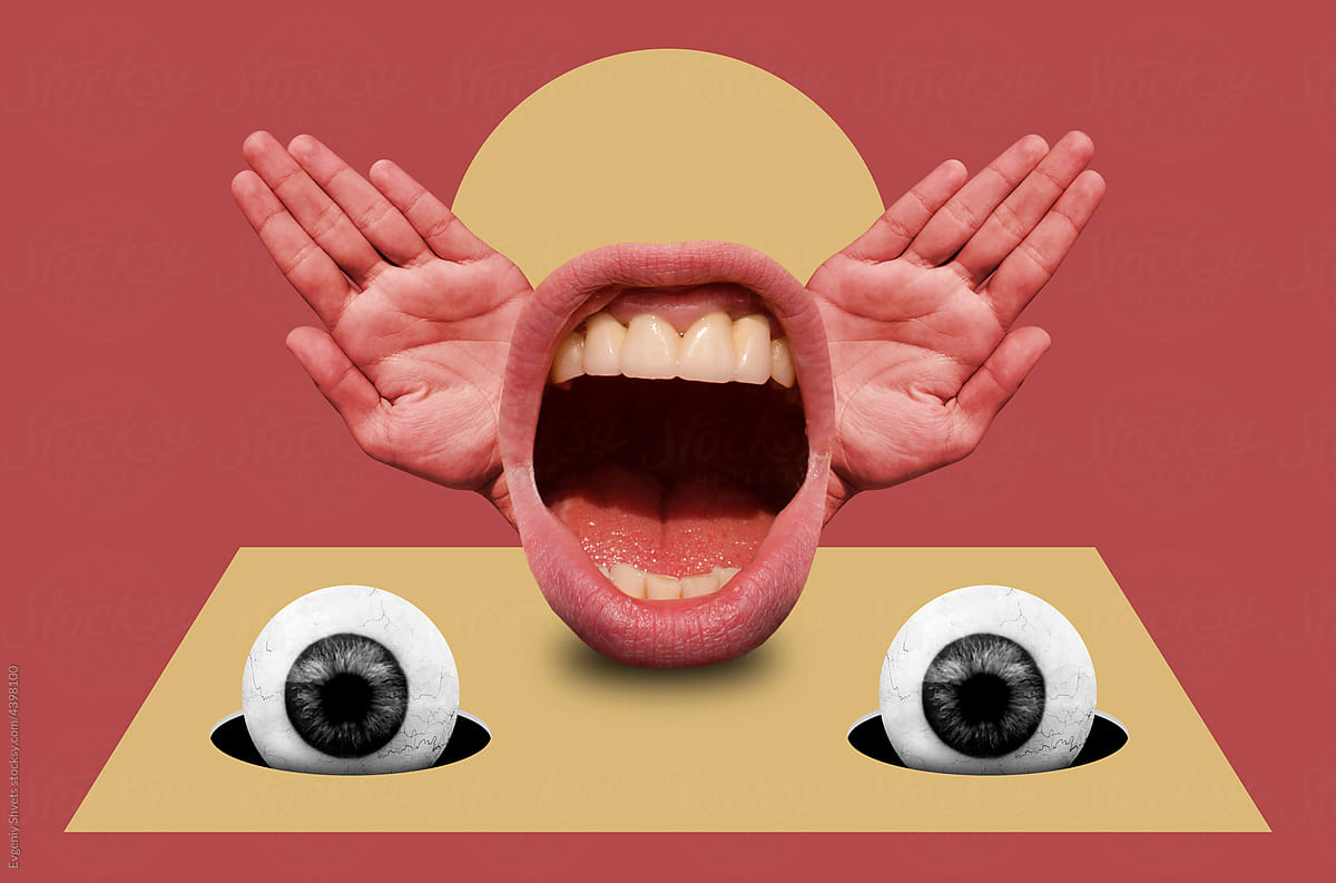 Collage with open mouth, eyeballs and hands