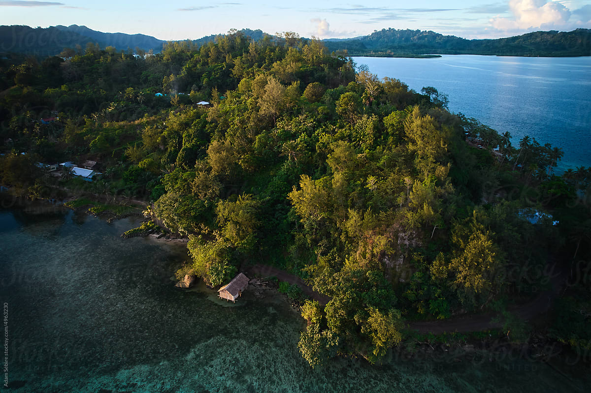Tulagi reef island sunset aerial, Solomon Islands, South Pacific