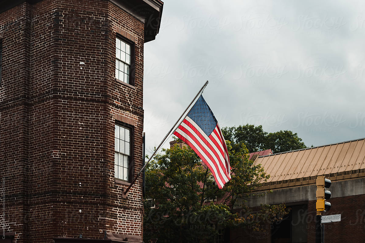 US flag proudly flying on downtown architecture in Annapolis, MD