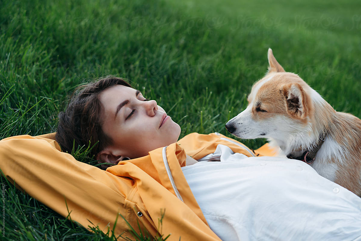 Resting woman with dog.