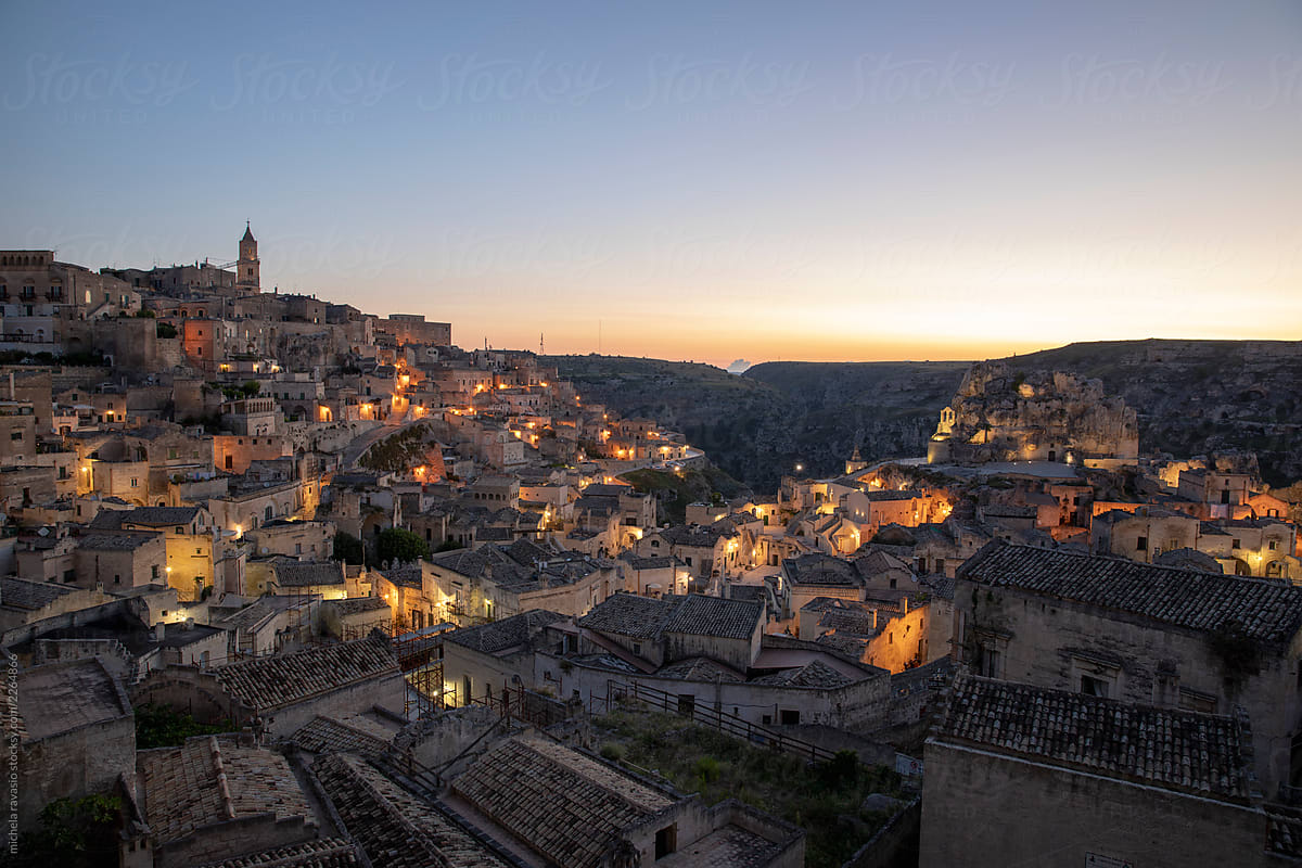 The city of Matera at the first light of dawn