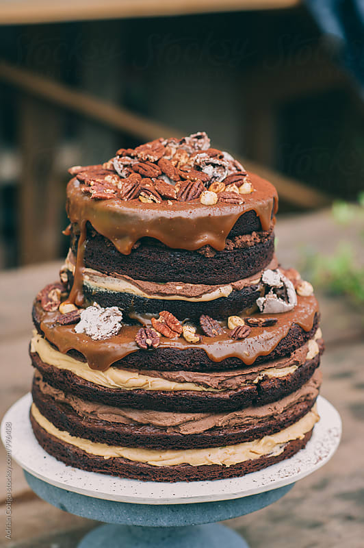 Homemade chocolate and caramel cake