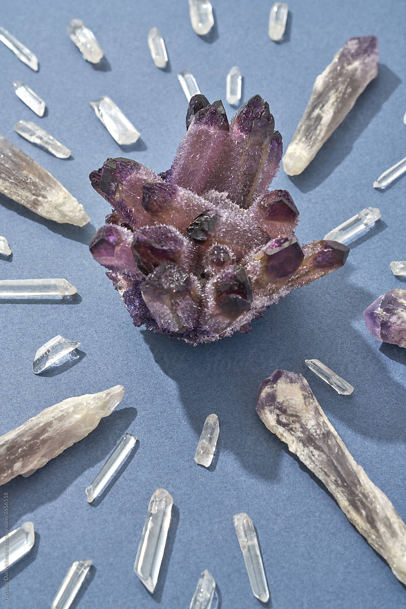Closeup of magic amethyst and quartz crystals
