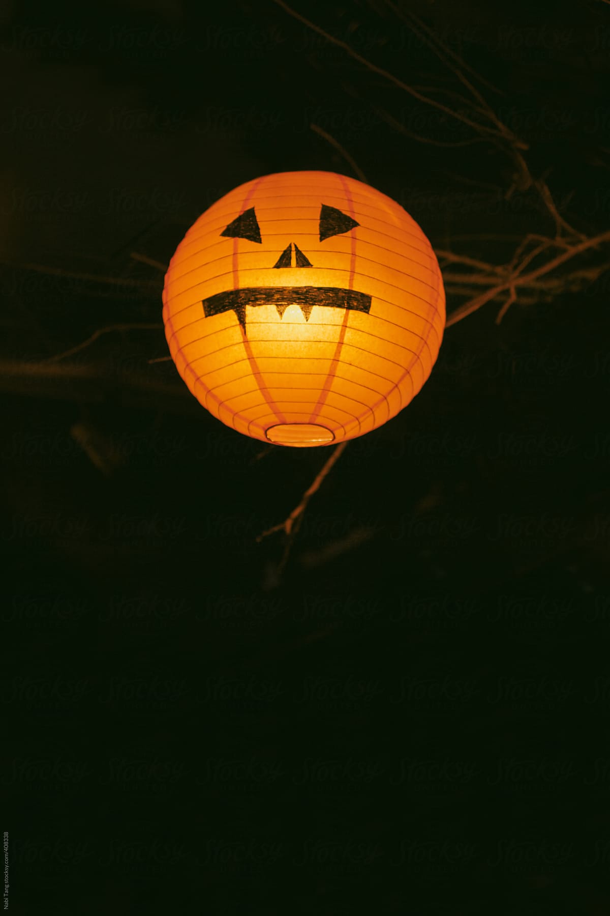 Halloween pumpkin lamp hanging in the wood