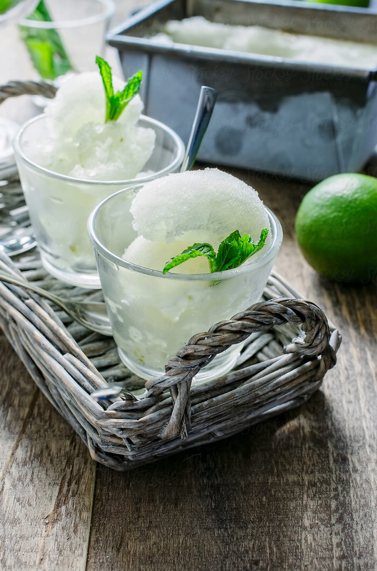 Lime and mint sorbet in glasses.