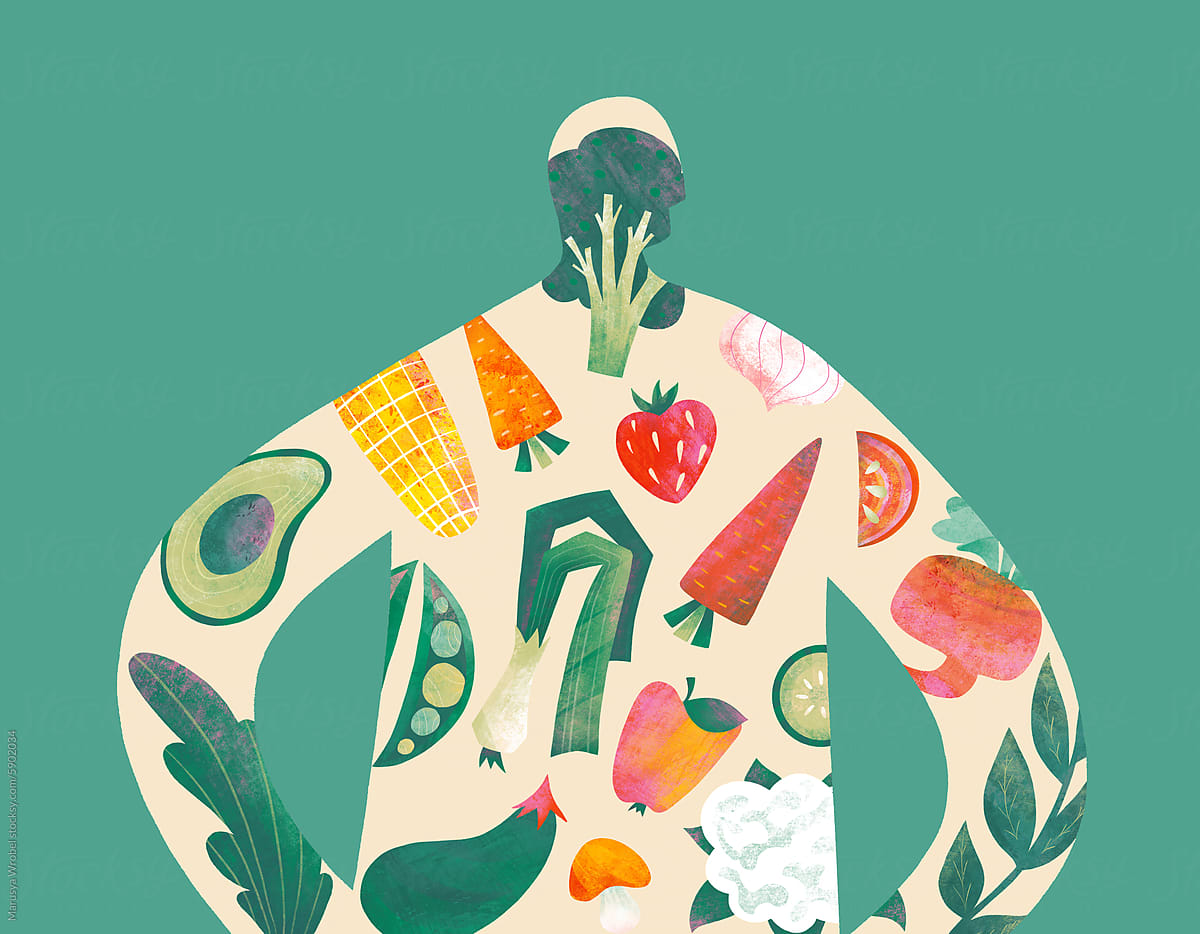 Abstract persona silhouette filled with food items on green background