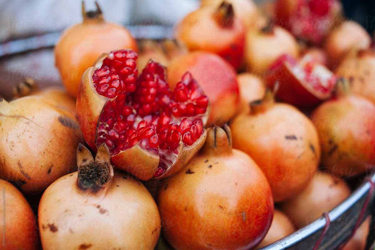 Close up of pomegranate being sold in the streets in Asia.