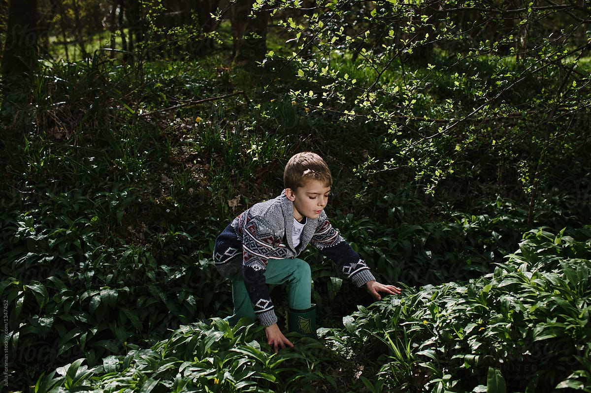 Boy climbs on hill covered in wild garlic.