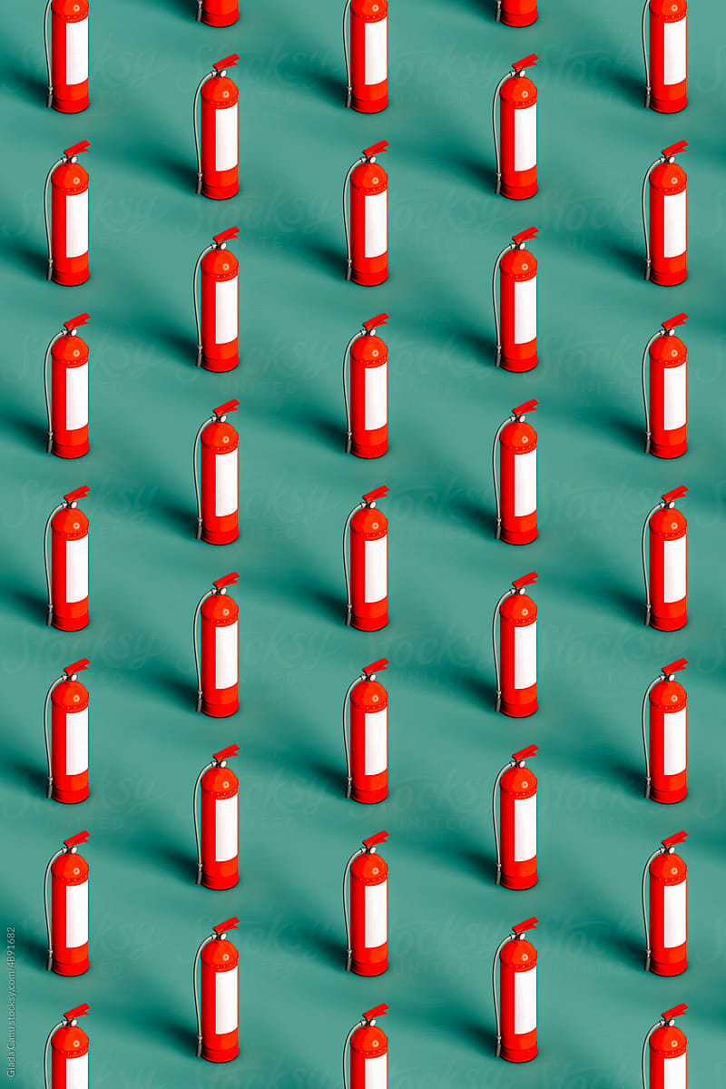 isometric pattern of red fire extinguishers