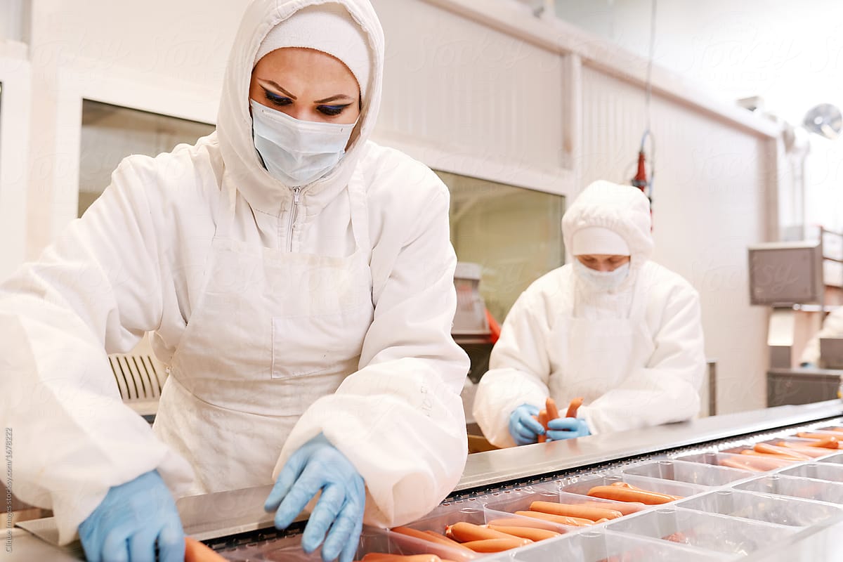 Sausage packaging at meat plant