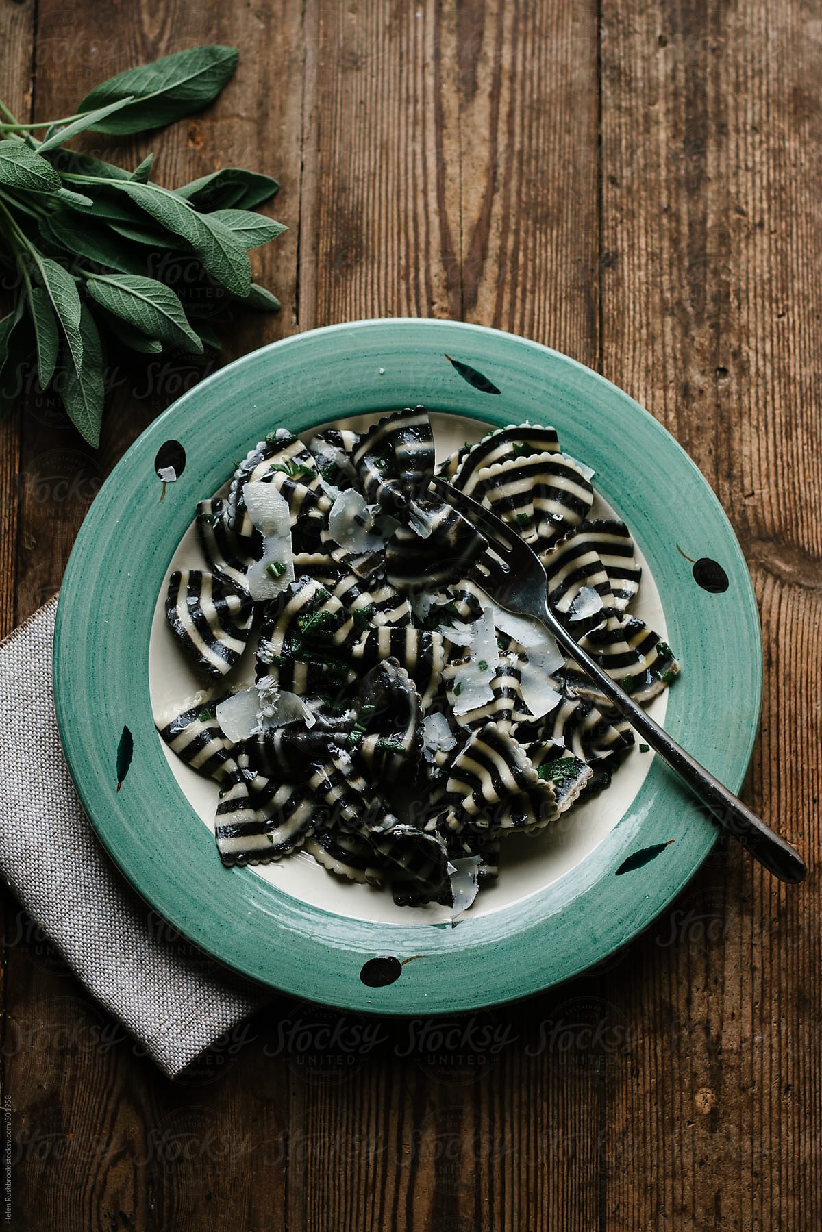 Black and white striped Farfalle pasta with sage butter.