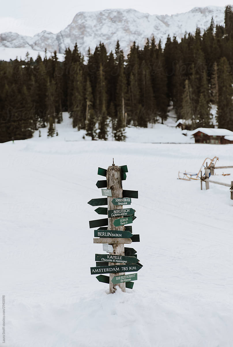 World and local wooden directional sign in the snow with pine tree forest and mountains in the background