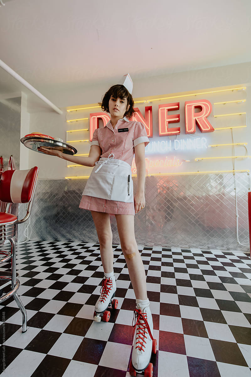 1950s Diner Waitress In Roller Skates