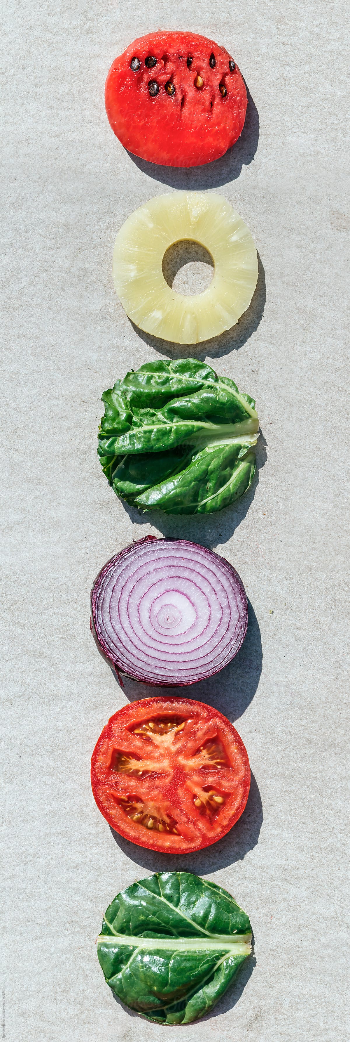 a series of colorful fruits and vegetables in the same form, circle