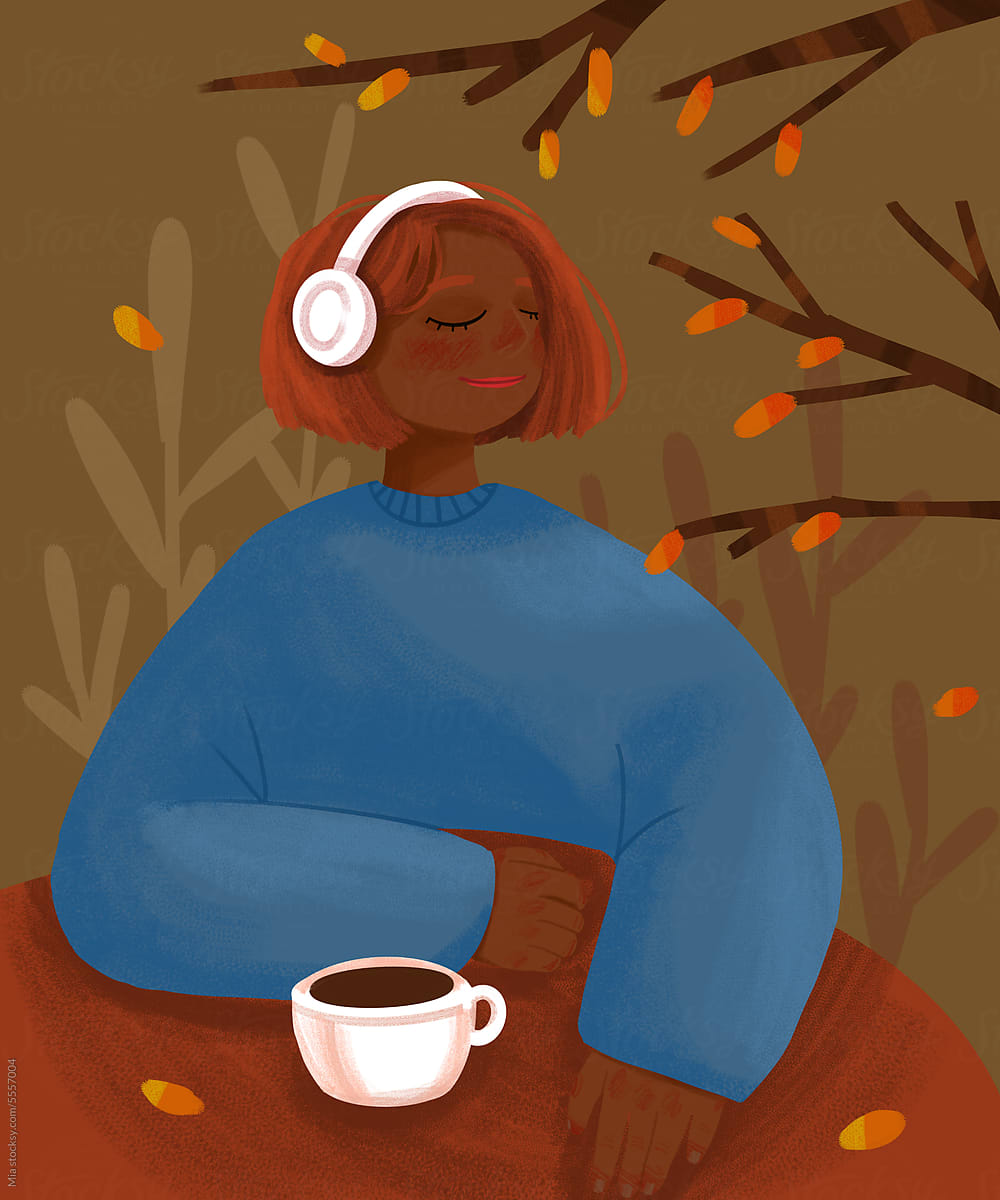 African woman\'s Coffee Break Amidst Autumn Foliage