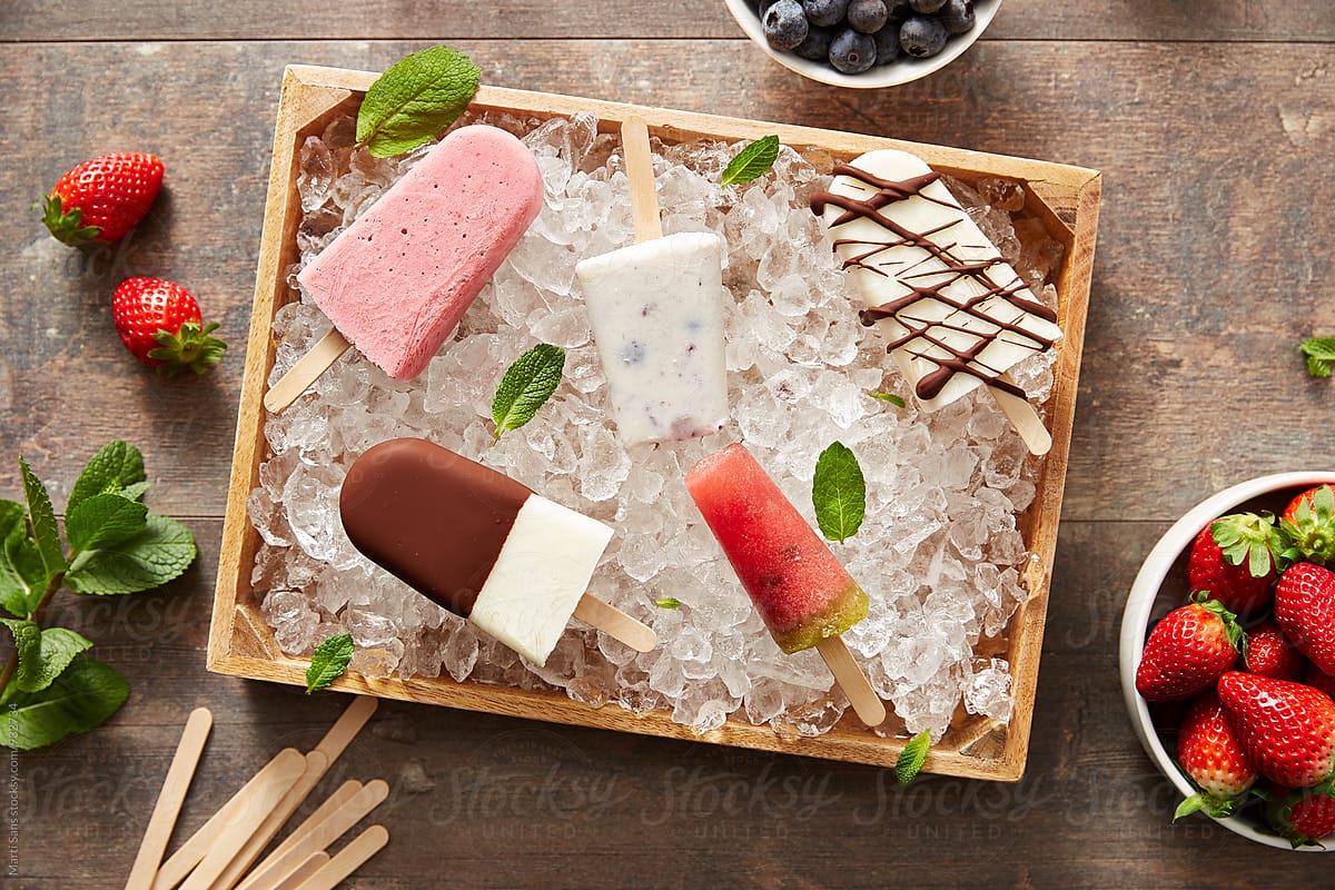 Amazing popsicles in ice basket from above
