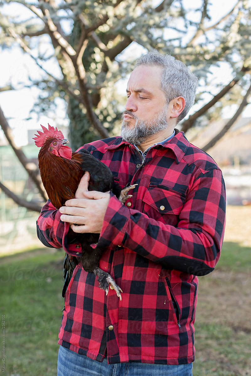 Portrait of a Man holding a Marans chicken
