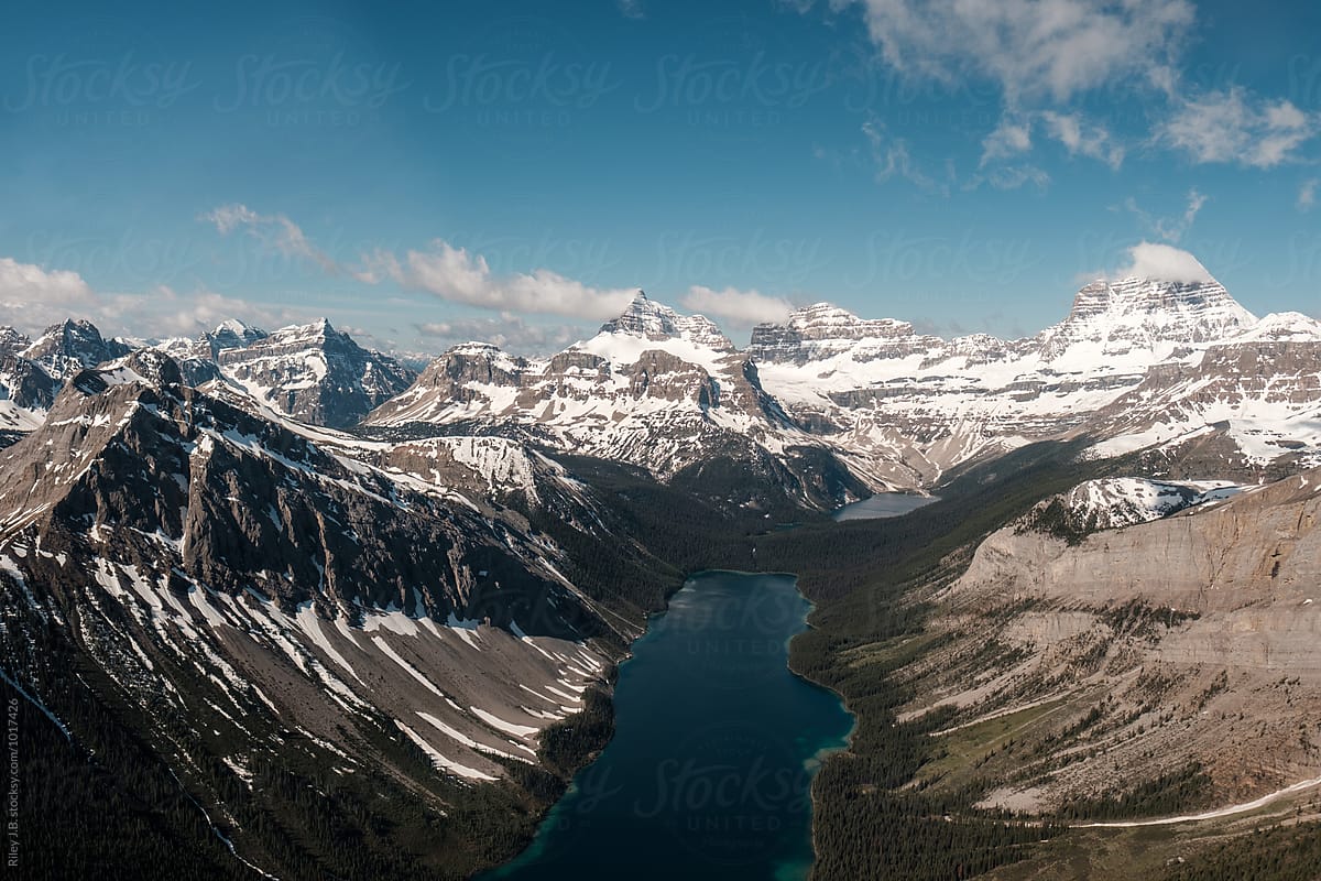 A glacial lake between mountains of the Canadian Rockies