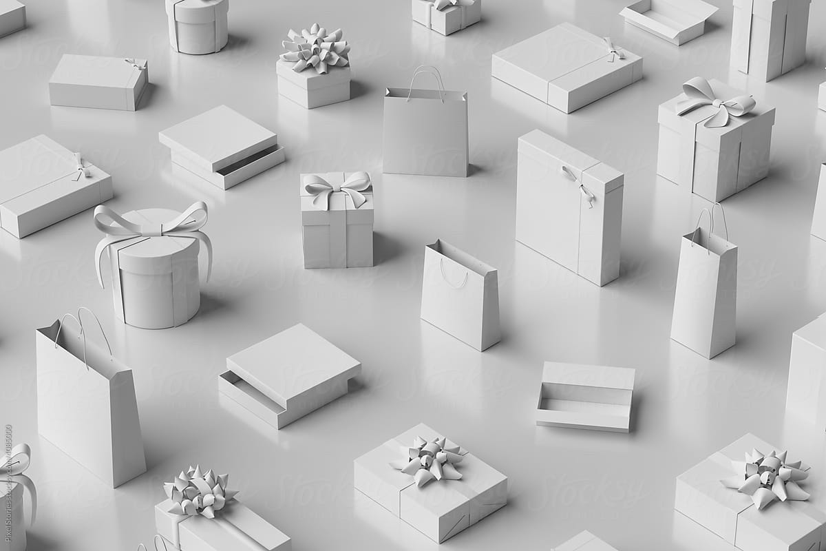 Presents: scattered white gifts and gift bags