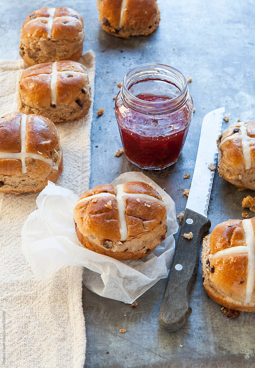 Hot cross buns with jam jelly at Easter