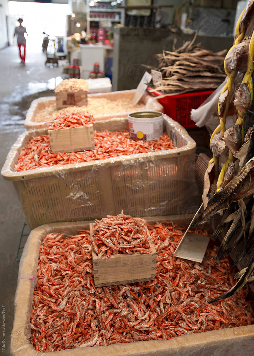 Bins with dried krill for sale at an Asian seafood market